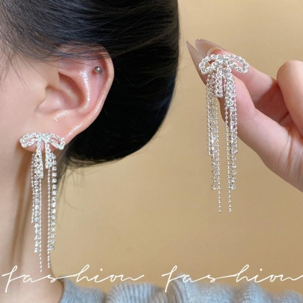 Tassel Detail Bowknot Tassel Earrings Ribbon Bow French Retro Earrings Lady Gift