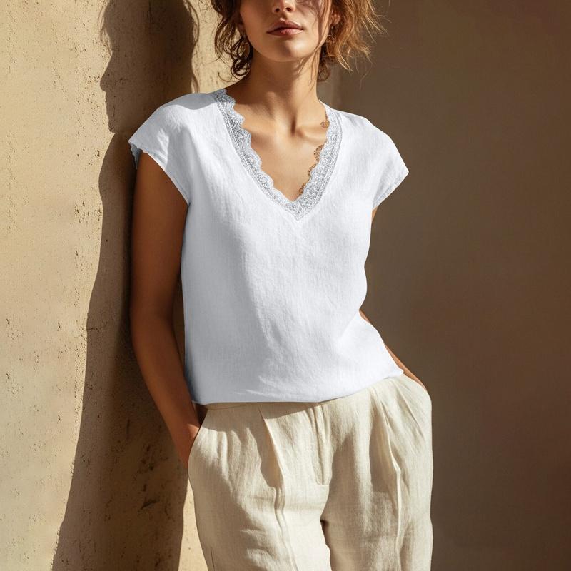 

Solid Color V-Neck Short Sleeve Loose Fit Cotton M белый