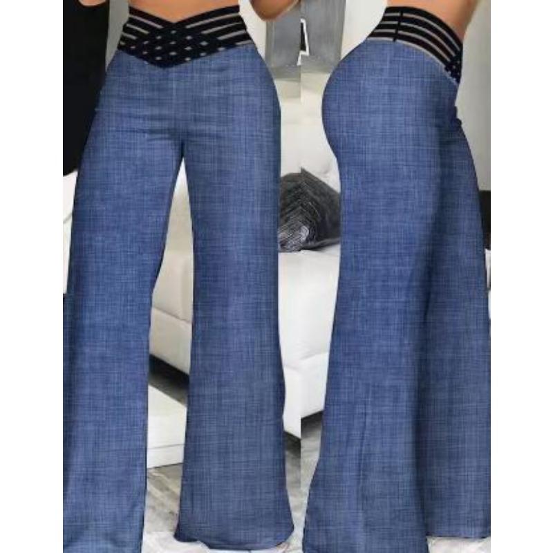 Damenhose mit hohlem Bund und leicht ausgestelltem Bein, hochtaillierte lässige Hose mit weitem Bein