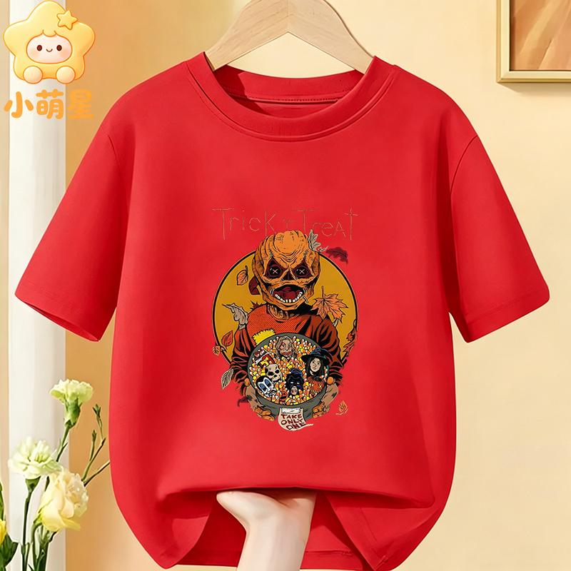 Halloween Vintage Trick or Treat Scarecrow Moon Bat Printed Kids Tee Cotton O‑Neck Short Sleeve Fashion Children Clothing Tops