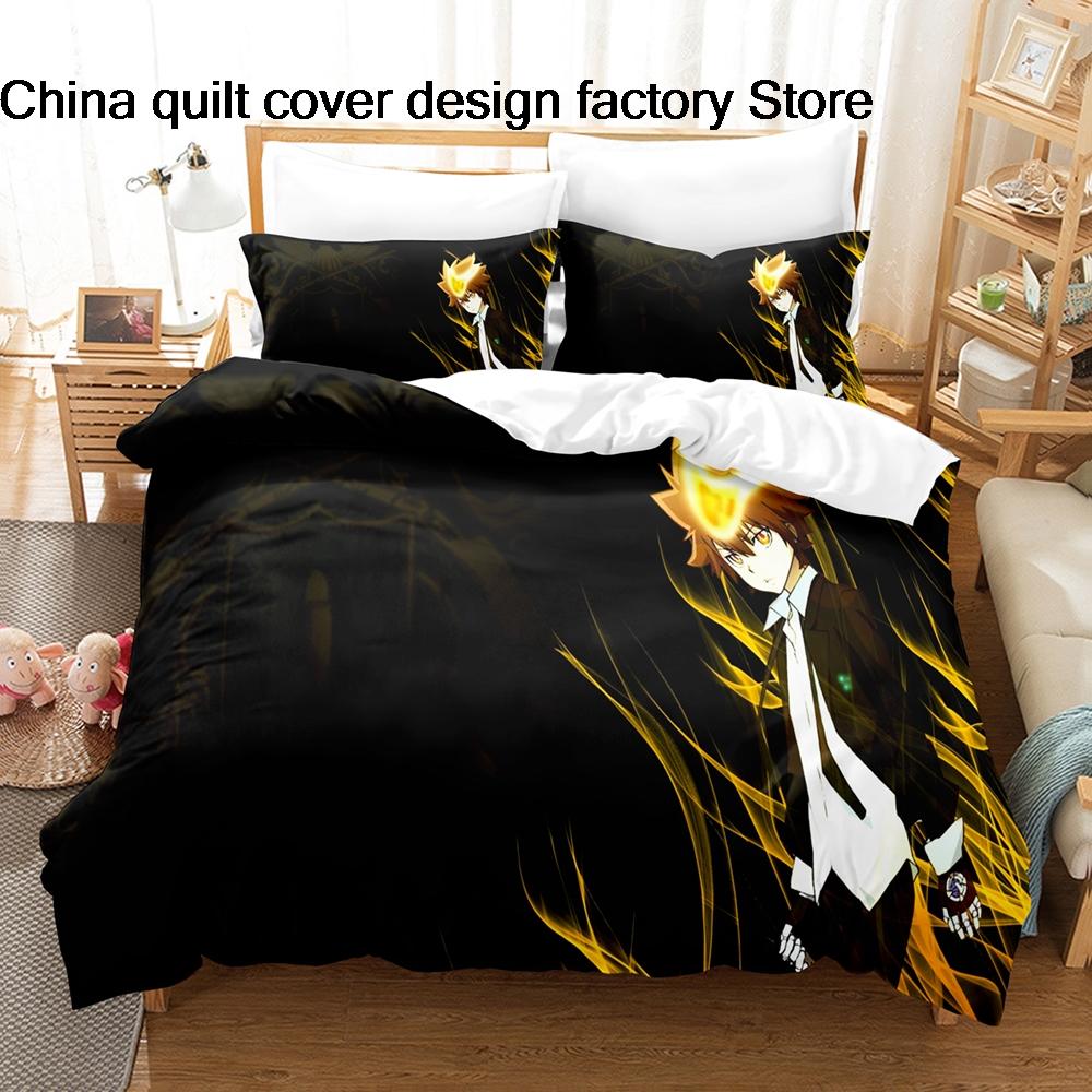 3Pcs Katekyo Hitman Reborn Anime Bedding Set 3D Print Tsunayoshi Sawada Duvet Cover Pillowcases for Teens Fans Room Decor Gift
