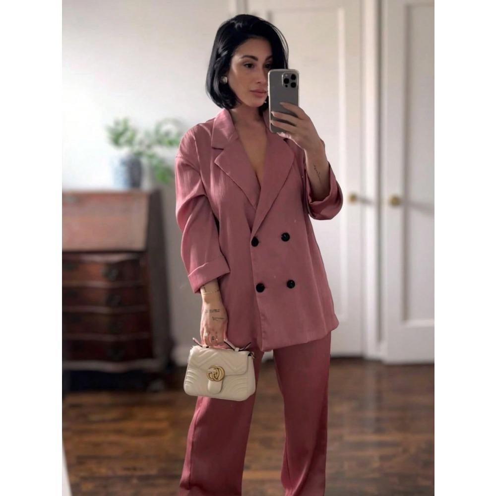 Autumn Women Casual Blazer Coat Pants Set Long Sleeve Double Breasted Blazer + Wide Leg Trousers Lady Office Outfit