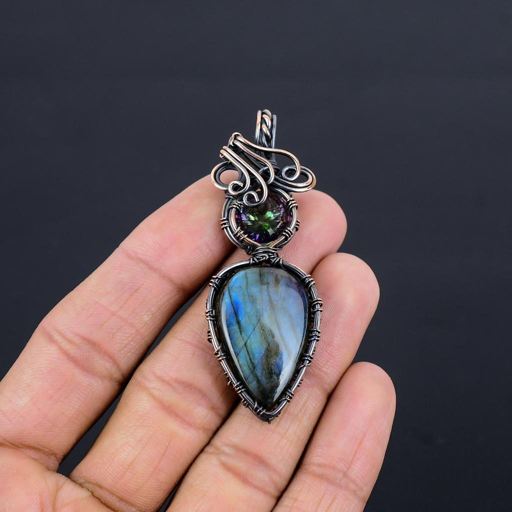 Labradorite & Mystic Topaz Pendant, Handmade Gemstone 999 Copper Wire Wrapped Pendant Antique Jewelry, For Gift Silver Jewelry