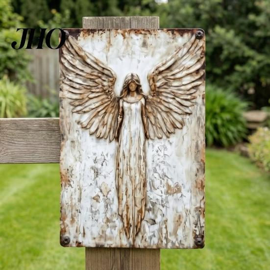 Retro Angel Relief Art Rustic Guardian Metal Wall Art, Vintage Distressed Wings Hanging Nostalgic Ornament Plaque for Farmhouse, Living Room, Bedroom,
