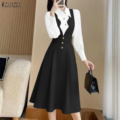 Women Classic Collar Loose Casual Long Sleeve Patchwork Dress