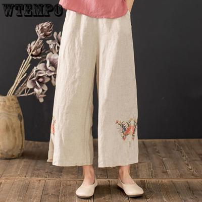 Summer Women's Cotton and Linen Wide Leg Pants Loose Chinese Style Retro Embroidered Casual Long Pants