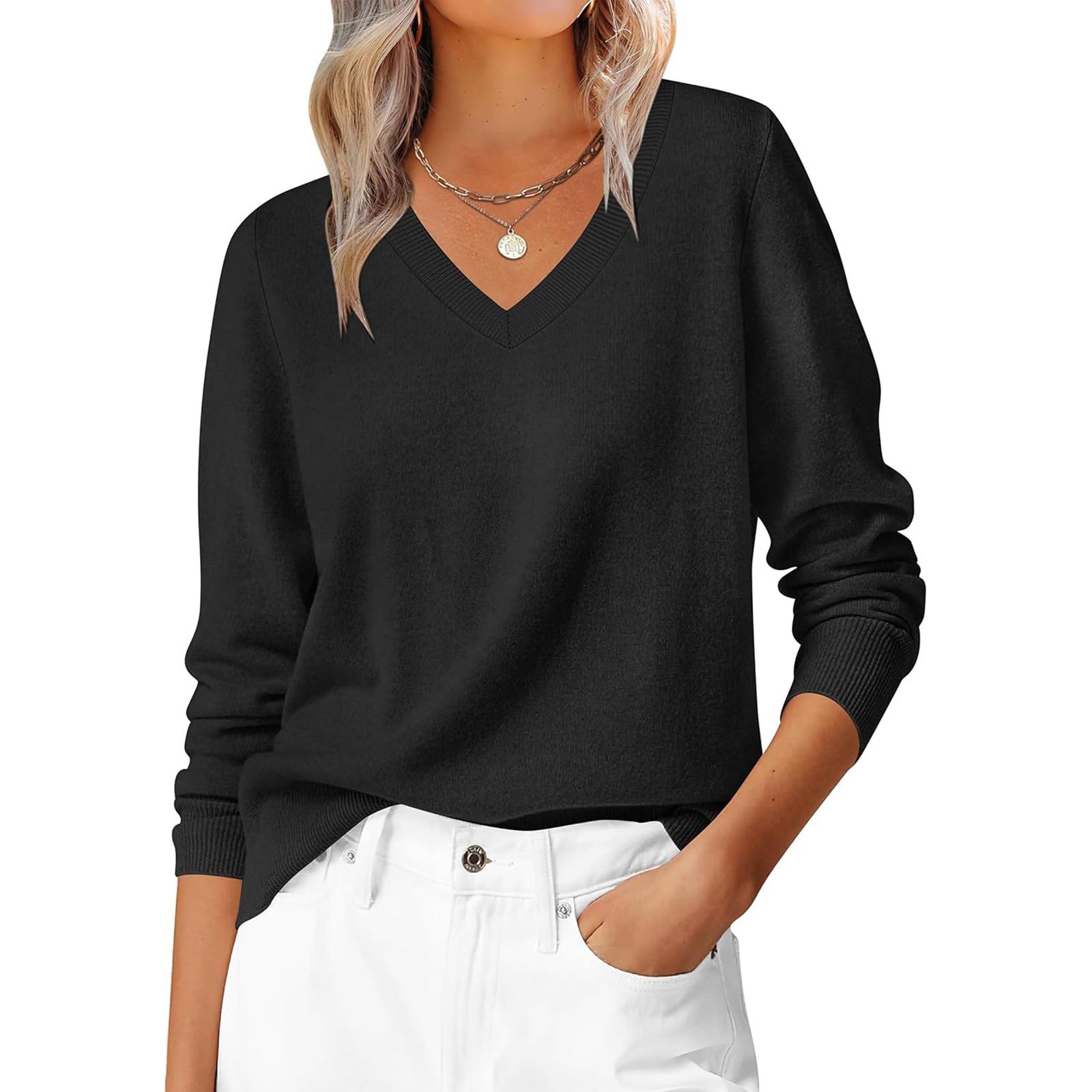 

Women s Casual V-Neck Sweater Base Layer Knitted Long Sleeve Solid Color Top L
