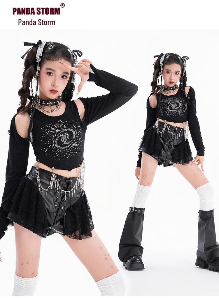 Girls' Trendy Sequin Rhinestone Dance Set: Long Sleeve T-Shirt and Pants for Street Dance Performance