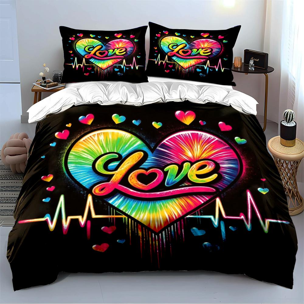 Colorful Heart Love Design Bedding Set Bedding Set (1 Duvet Cover, 2 Pillowcases, Duvet Not Included)
