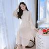 Elegant Lace Midi Dress Women Wear A-Line Floral Print Long Sleeve Layering Under