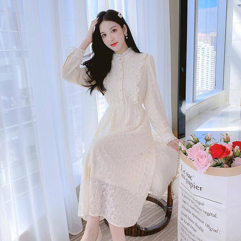 Elegant Lace Midi Dress Women Wear A-Line Floral Print Long Sleeve Layering Under