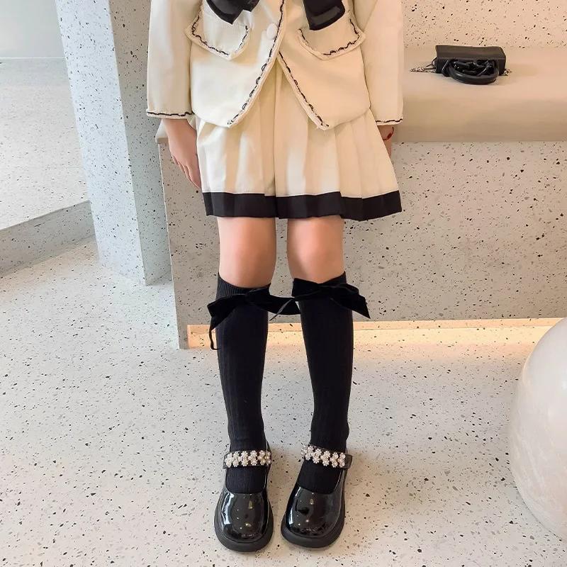 

1 пара детских носков до середины икры для девочек, милые жаккардовые носки бежевого, кофейного цвета для детей, гольфы в стиле принцессы с бантом для малышей one size