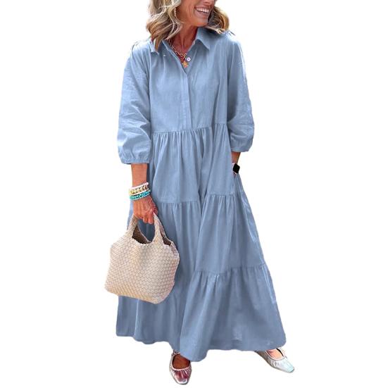Women's 45720 Sleeve Maxi Dress Button Up Lapel Swing Dress with Pockets A-line Ruffles