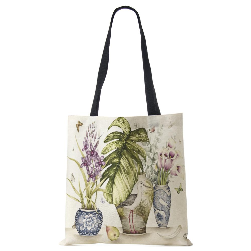 Plant Flowers Shopping Tote Bag Women Canvas Print Shoulder Bag Reusable Harajuku Large Capacity Travel School Handbag CLE
