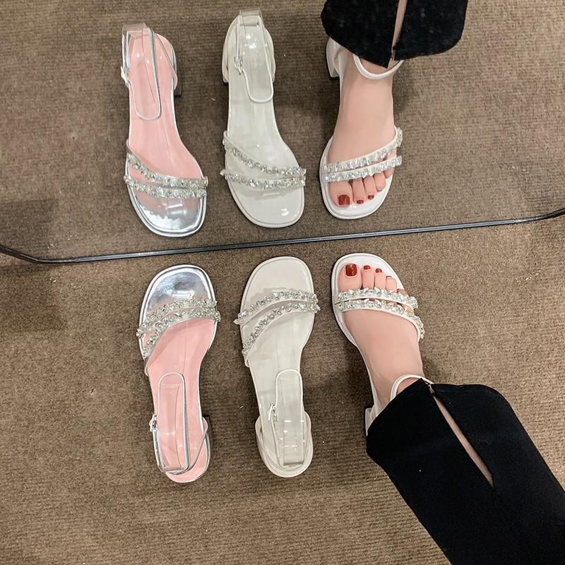 Internet celebrities with the same rock sugar fairy~ French rhinestone word with open-toed thick high-heeled sandals female 2025 summer new