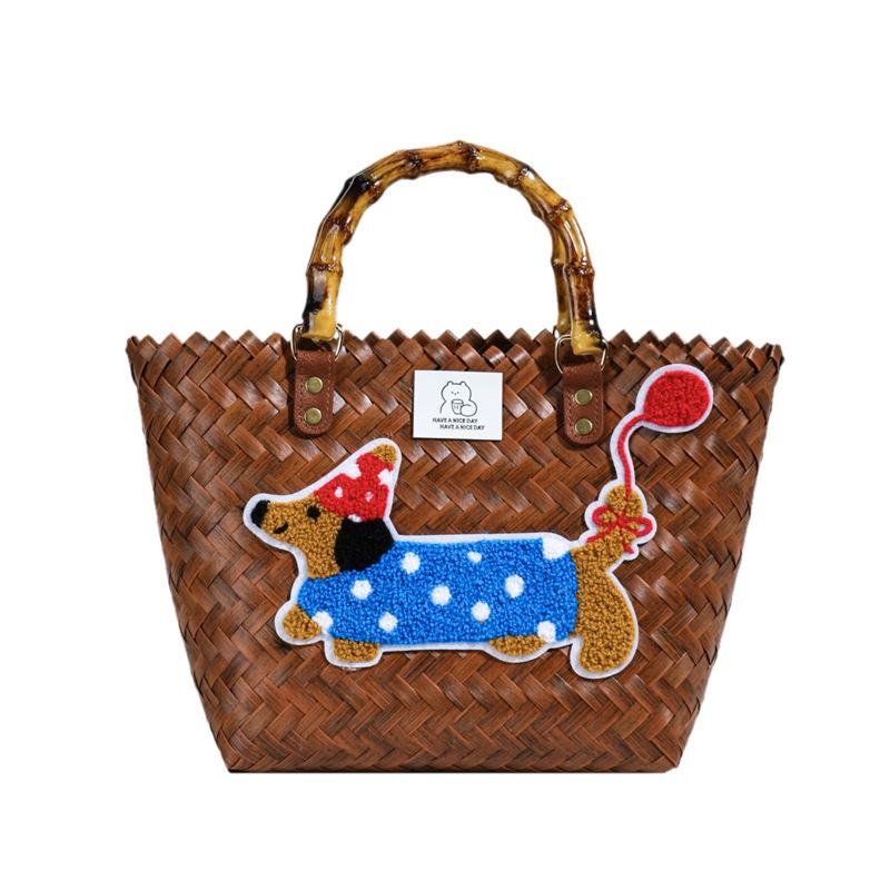 

Винтажная полосатая тканая сумка-тоут с изображением таксы, сумка-тоут с подвеской из нейлонового шнура, ручная сумка, женская сумка, пляжная сумка