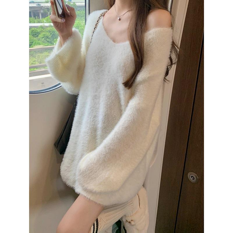 Women's Off-Shoulder Mohair Knit Sweater - Soft, Loose, and Stylish for Autumn/Winter