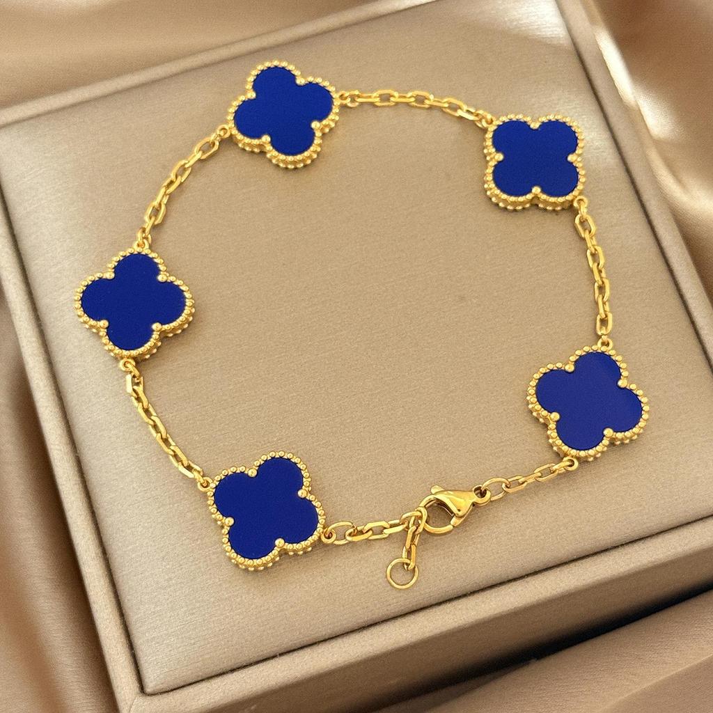 Bracciale Quadrifoglio in Acciaio al Titanio da 15 mm Bracciale Cinque Fiori di Alta Qualità Placcato Oro 18K Inossidabile Bracciale da Donna
