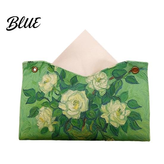 Household Storage Bag Leather Tissue Box Cover Foldable Desktop Organizer Oil Painting Style Napkin Holder Case Reusable Facial Paper Organizer