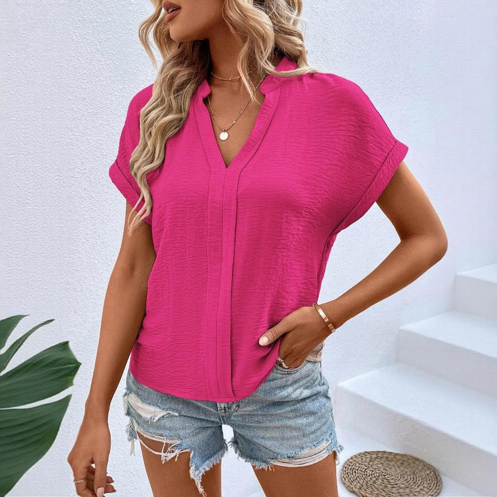 Women’s Short Sleeve Blouse Casual Loose Fit V Neck Top Lightweight Soft Fabric Summer Basic Shirt for Daily Wear