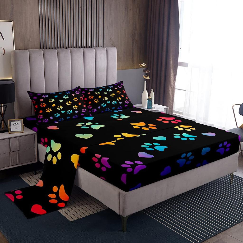 Color Dog Paw Print Pattern Bed Hat Four-Piece Bedding Set Bedroom Dormitory Bedding Decoration