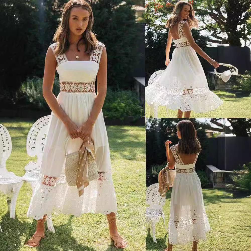 Femmes dames Boho dentelle Maxi robe d'été décontracté vacances plage longue robe d'été