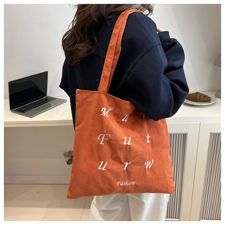 Korean Corduroy Embroidered Tote Bag for Students - Artistic Autumn/Winter Design