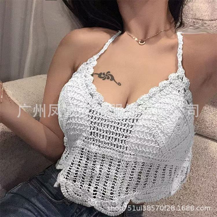 Summer new careful machine sexy backless seaside vacation neck knitted short outerwear top sling vest