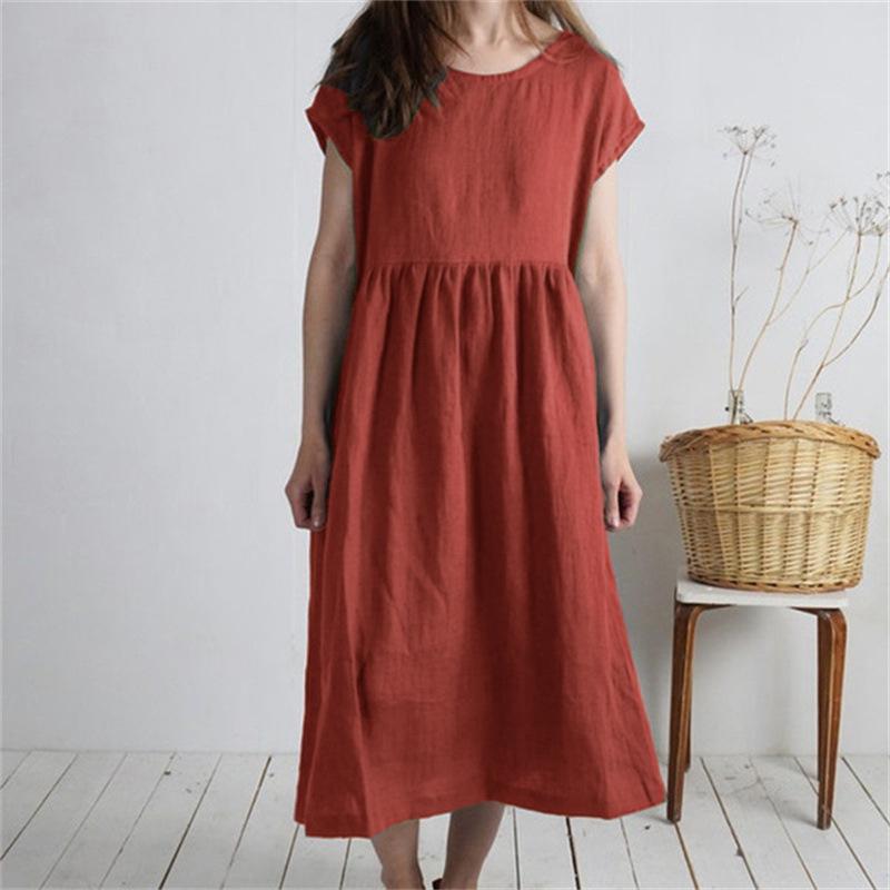 Women's Mid-Length Cotton Linen Dress - Round Neck, Short Sleeve, Solid Color, Pleated, Loose-Fit Casual Design