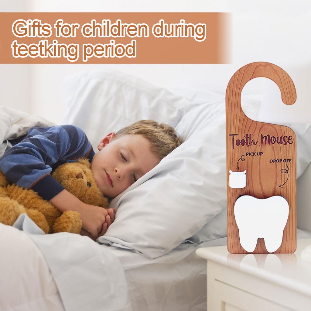 Dřevěná závěsná plaketa na dveře se zubem, závěsná dekorace, knoflík na dveře, věšák na oblečení se zubem, dárek pro děti za ztracené zuby