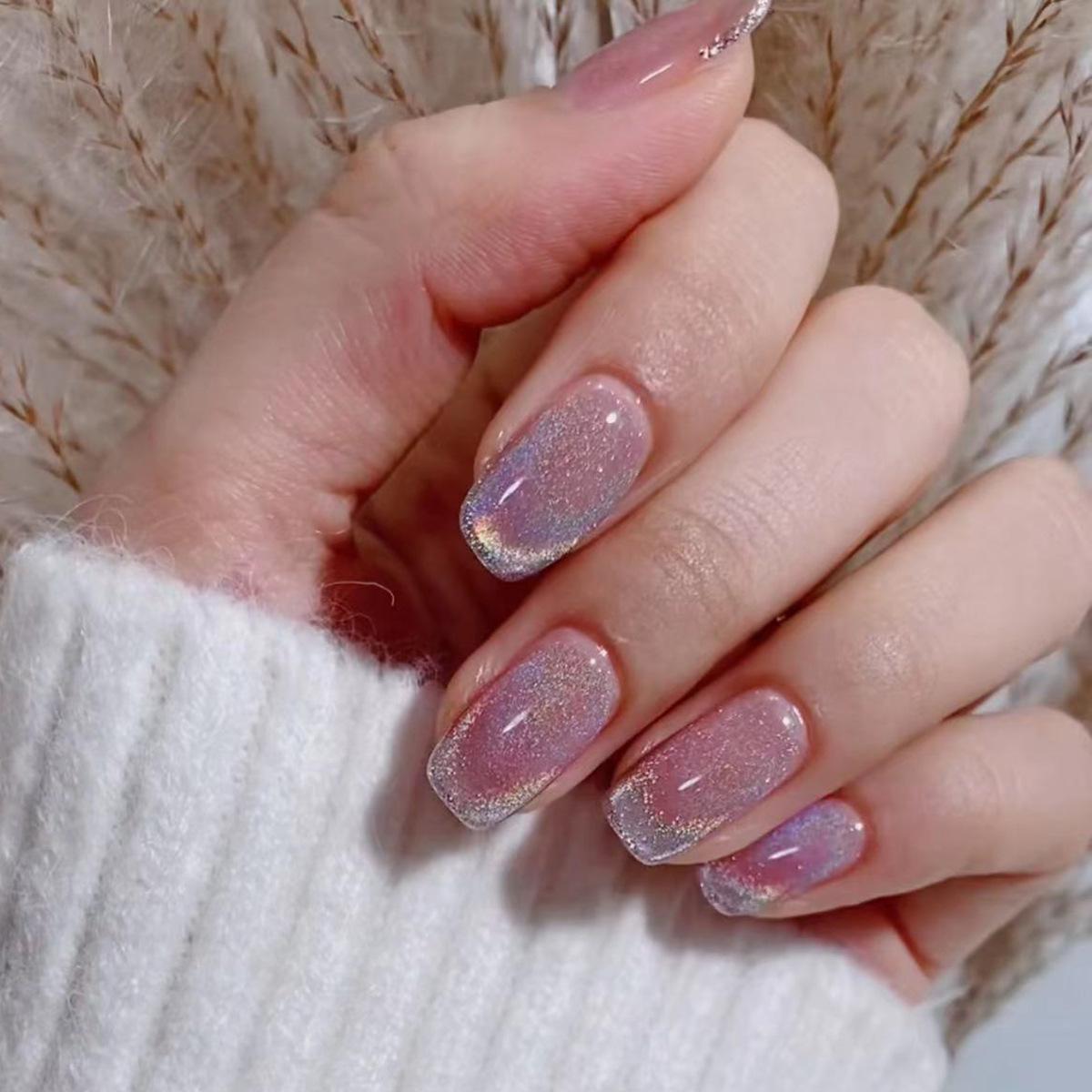 Nude Pink Aurora Cat Eye Press-on Nails: Internet Trendy High-End Manicure JP3222 [Glue Version]