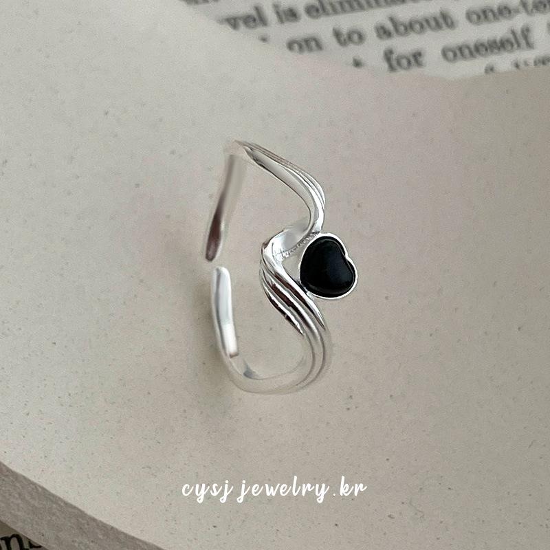 Cui Yan S925 Sterling Silver Korean Wave Heart Ring with Black Agate, Women s Cold Style. Adjustable Open Size