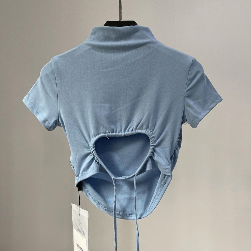 T-shirt sexy con design a cinturino scoperto sulla schiena, a maniche corte, da donna, estiva sottile europea e americana, a collo mezzo alto, top con ombelico scoperto