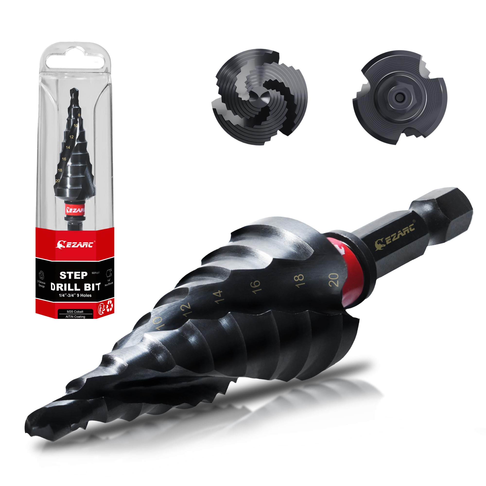 

EZARC Newly Developed Step 9 AlTiN M35 High Speed Tool Hex Stainless Metal Plastic C-Type Blade, Three-Blade Drill, 4-20mm, Steps, Coating, Steel,