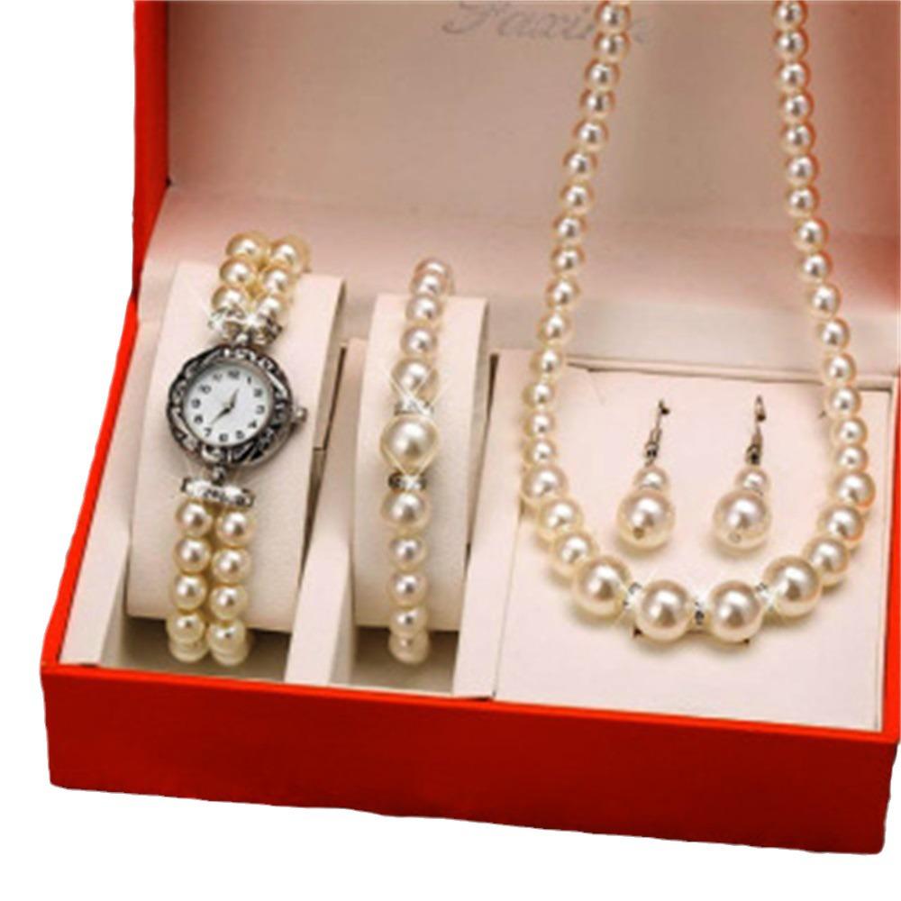 Damen Luxusmode Set: Stahlbanduhr mit kleinem Zifferblatt, Armband & Halskette