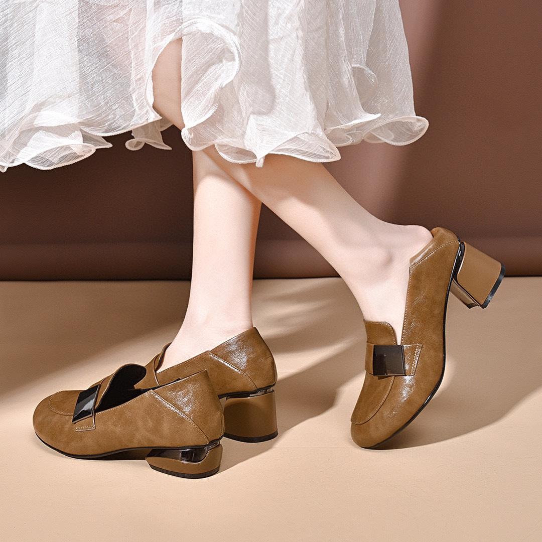 

Женские туфли на высоком каблуке, весенняя новинка, с круглым носком и квадратной пряжкой, модные туфли, два варианта высоты, женские кожаные туфли 41