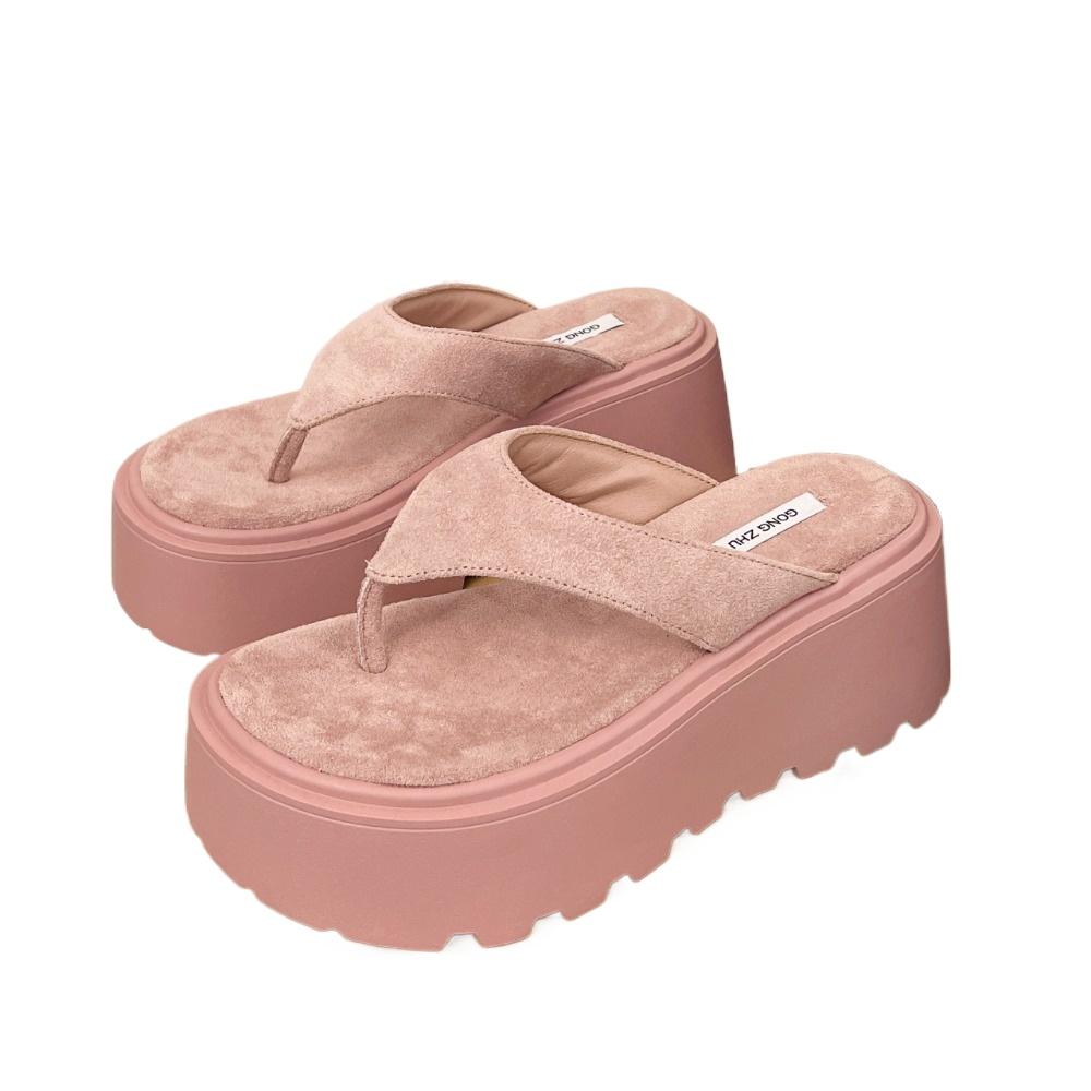 

Fashion Wedge Outdoor Slippers Women s Summer Thick Bottom Flip Flops Outdoor High Waist Seaside Beach Leisure Flip Flops Suede 35 розовый