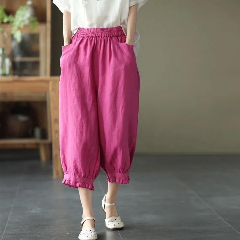 Fashionable Thin Solid Color Cropped Pants for Women Artistic Sweet Lace Casu Al Pants Women's Harem Pants Versatile