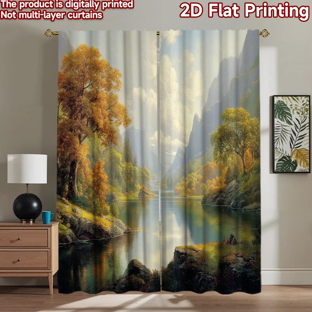 2D Flat Printing 2pcs Curtain Autumn Mountain Lake Landscape Digital Printed Polyester Drapes Festive Curtains Use for Yard &