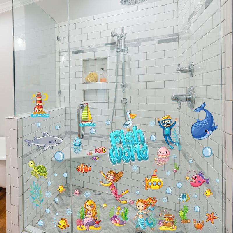 6Pcs/Set Bathtub Decoration Anti-Slip Bathtub Stickers Cartoon Coral Crab Small Fish Pattern Stickers Bathroom Pvc Frosted Batht