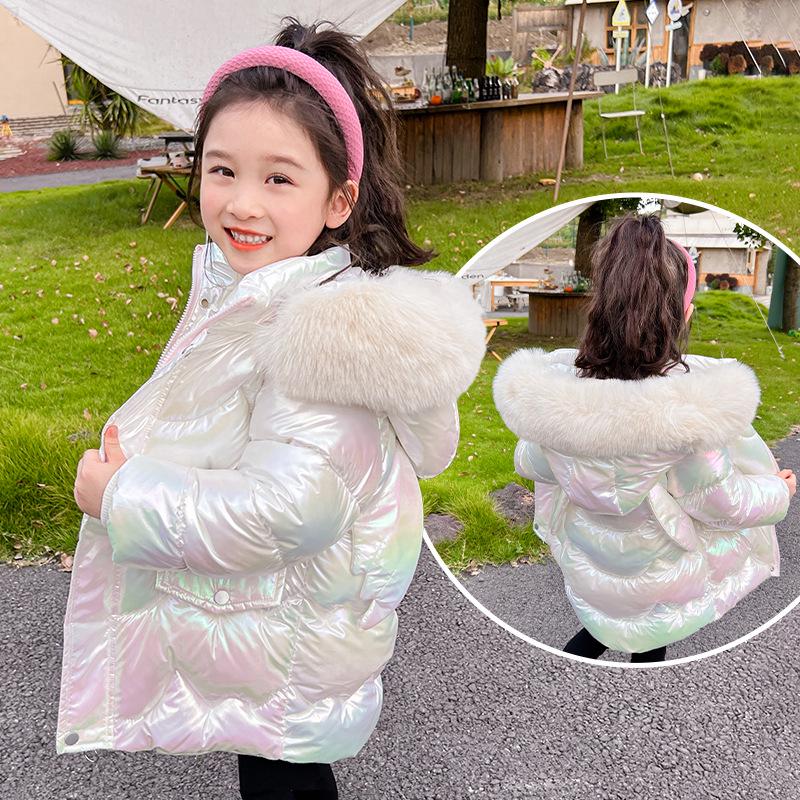 Girls' Mid-Length Bright Down Jacket - Wash-Free, Warm, Thickened for Winter