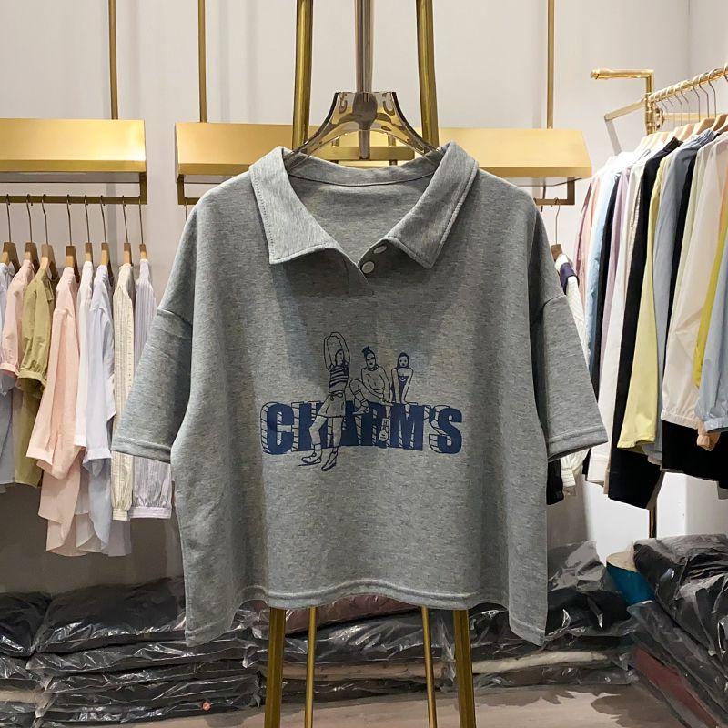 

[Xiaoai Stall Real Shot] Youthful Short Polo Shirt Print Short-Sleeved T-shirt Female Summer Slimming Sexy Tops Gray S