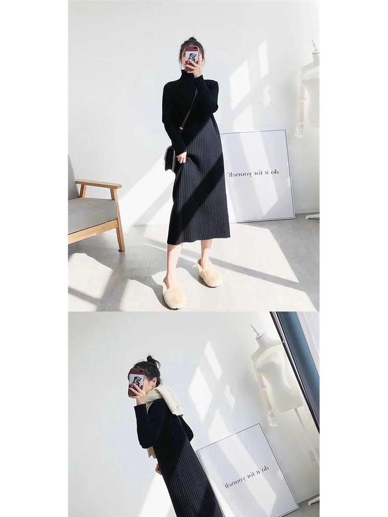 Women's Mid-Length Wool Knit Dress - Loose, Long Sleeve, Half-High Collar, Perfect for Layering Under Coats, Autumn & Winter Wear.