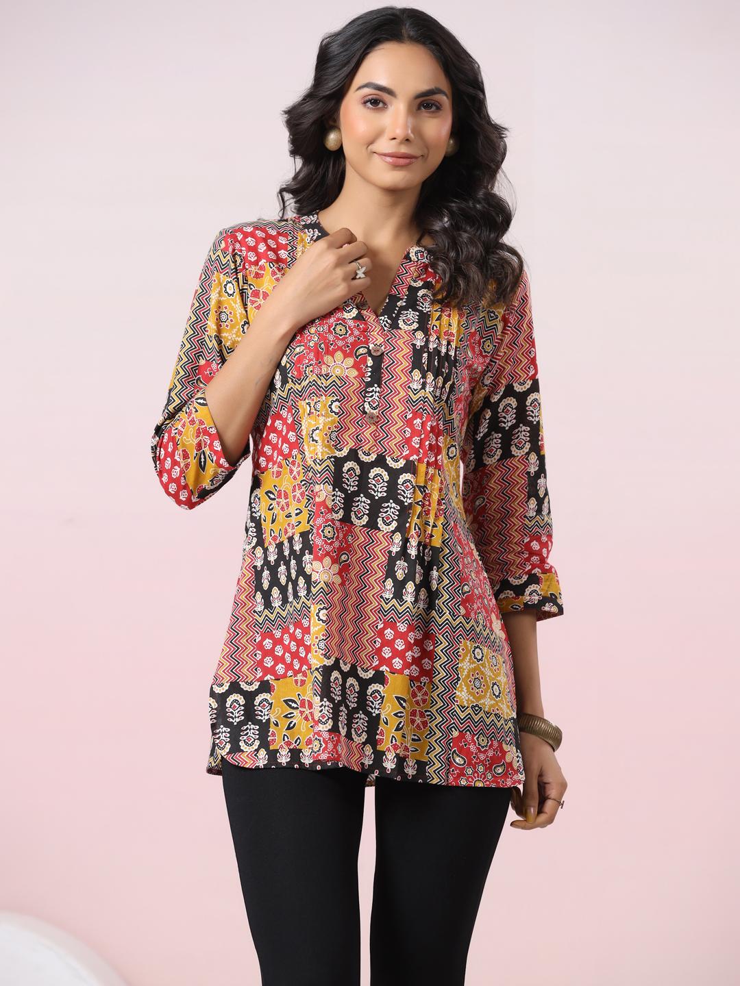 Red and Yellow Patchwork Printed Top S красный