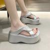 Mode 8cm Heels Chunky Plateau Hausschuhe für Frauen Offene Spitze Leder Keile Sandalen Frau Sommer Dicken Boden Weibliche Strand Flip-Flops