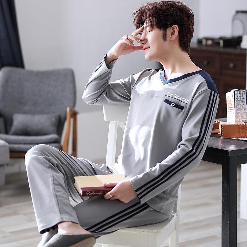 Set Pigiama in Cotone da Uomo Taglie Forti Primavera/Autunno - Manica Lunga, Abbigliamento per la Casa Casual