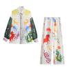Spring New Women's Clothing Fashion Trendy Bohemia Lapel Long Sleeves Print Shirt High Waist Straight-Leg Pants