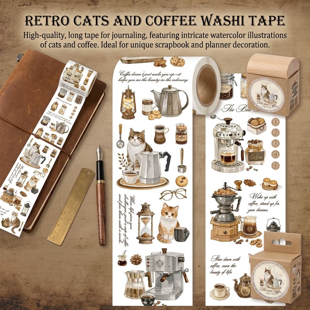 Washi Tape Retro Coffee Cat Pattern 5cmx2m for Journal Decoration Scrapbooking and DIY Crafts