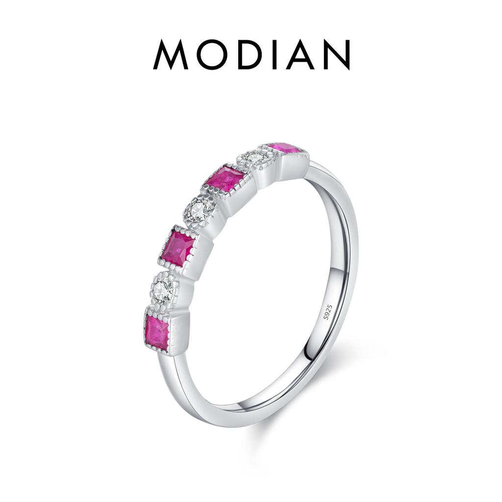 MODIAN 925 Silver Vintage Charm Square Red & Blue Cubic Zirconia Stackable Finger Ring For Women Party Fine Jewelry