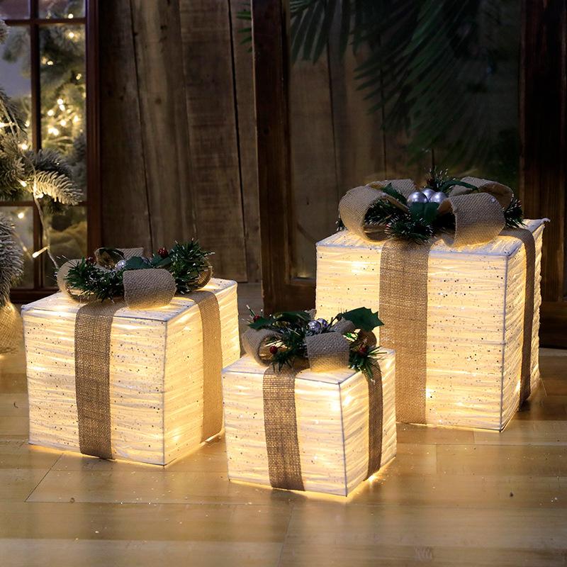 

Christmas wrought iron Three-piece Gift Box Christmas Tree Ornaments Luminous Iron Art Home Outdoor Christmas Decorations Mall